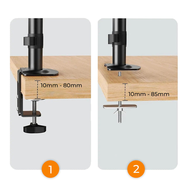 Montageopties van de SH-AMPS-2: bureauklem 10-80 mm en doorvoer 10-85 mm