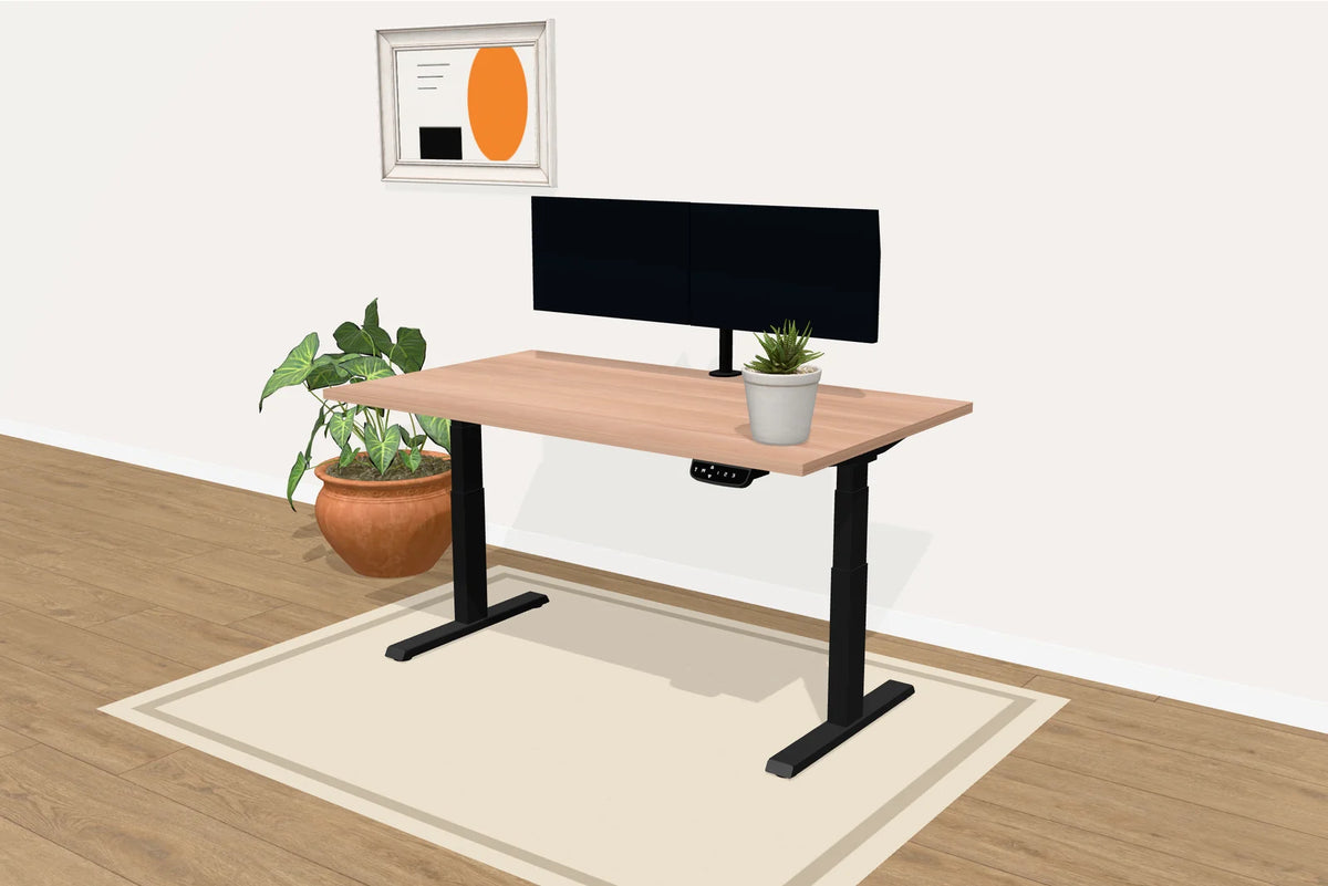 ProFlex zit-sta bureau met monitorarm DXM-2 in een lichte werkkamer met planten