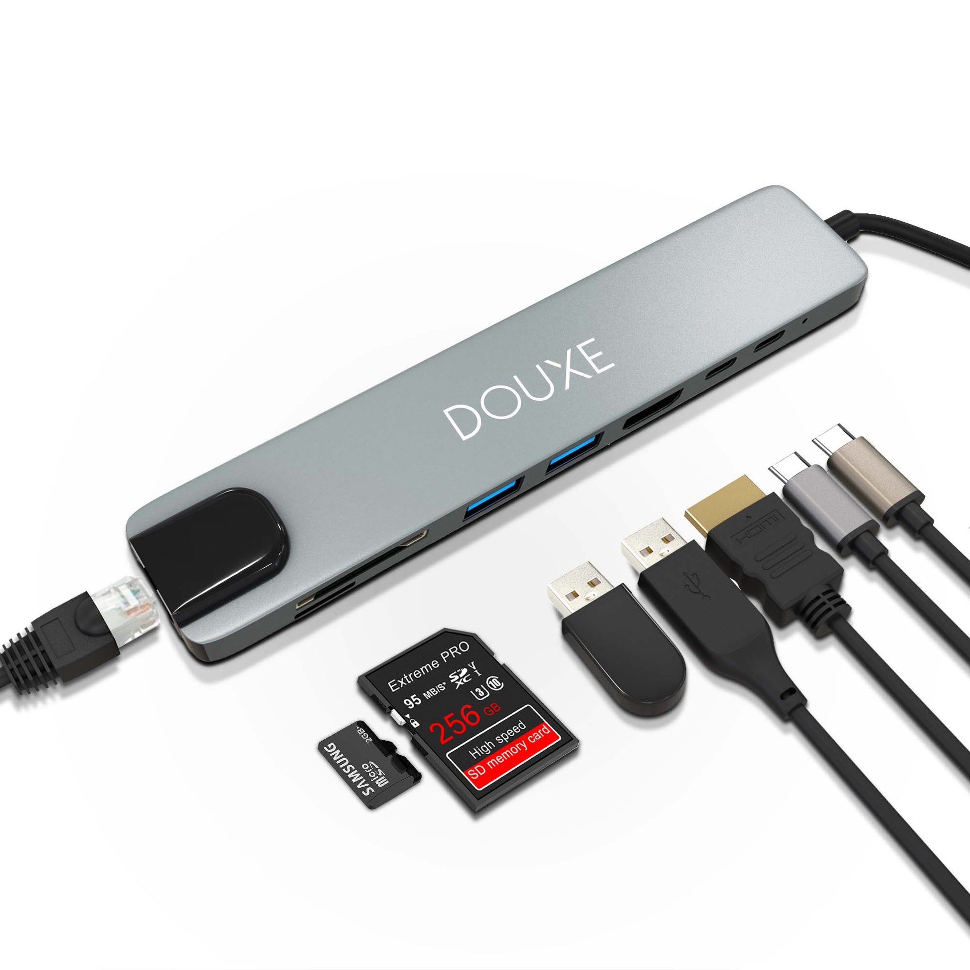 USB-C naar HDMI, USB-A, USB-C, SD & TF Card reader en RJ-45 - Douxe
