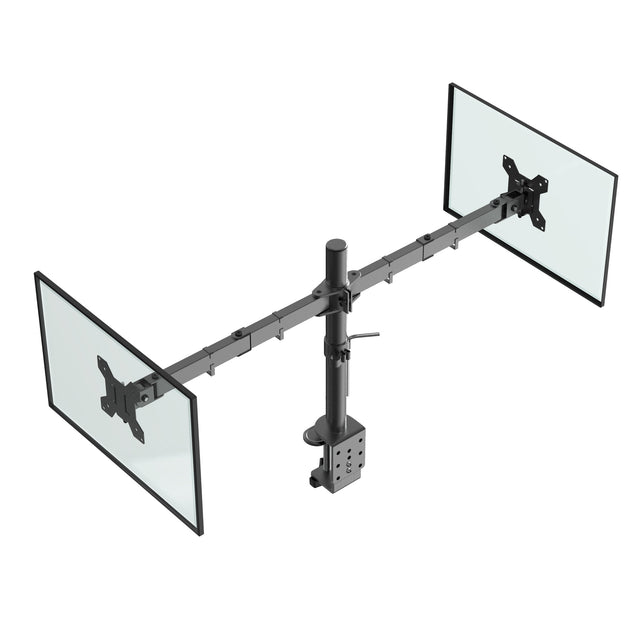 DXM-2 dubbele monitorarm schuin van rechts met stang en tafelklem