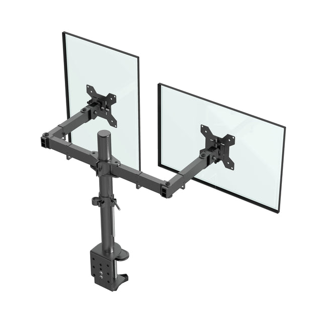 DXM-2 dubbele monitorarm schuin van achteren met beide VESA-platen
