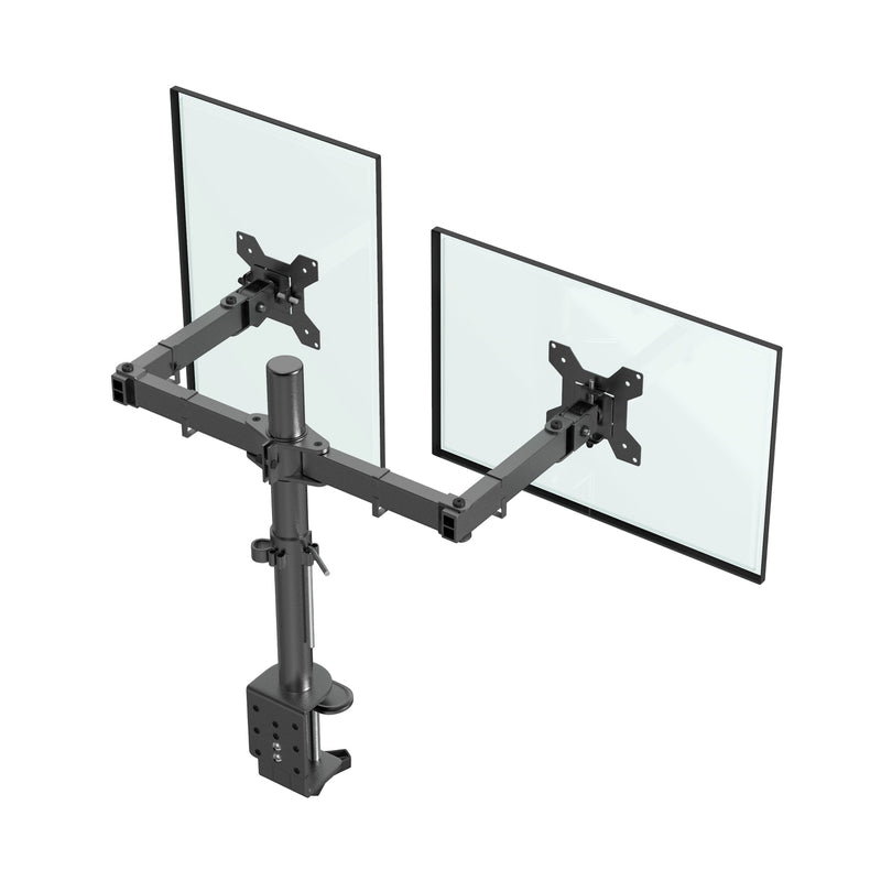 DXM-2 dubbele monitorarm schuin van achteren met beide VESA-platen