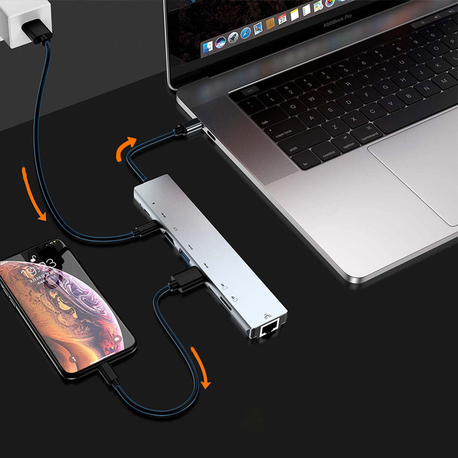 USB-C naar HDMI, USB-A, USB-C, SD & TF Card reader en RJ-45 bovenaanzicht poorten